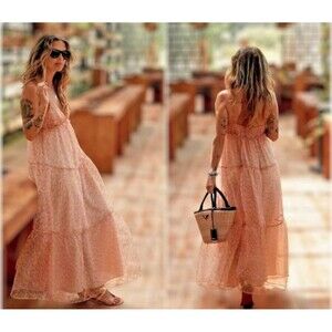 Zara Organza Tiered Floral Midi Dress Womens Sz M Peach Spaghetti Straps